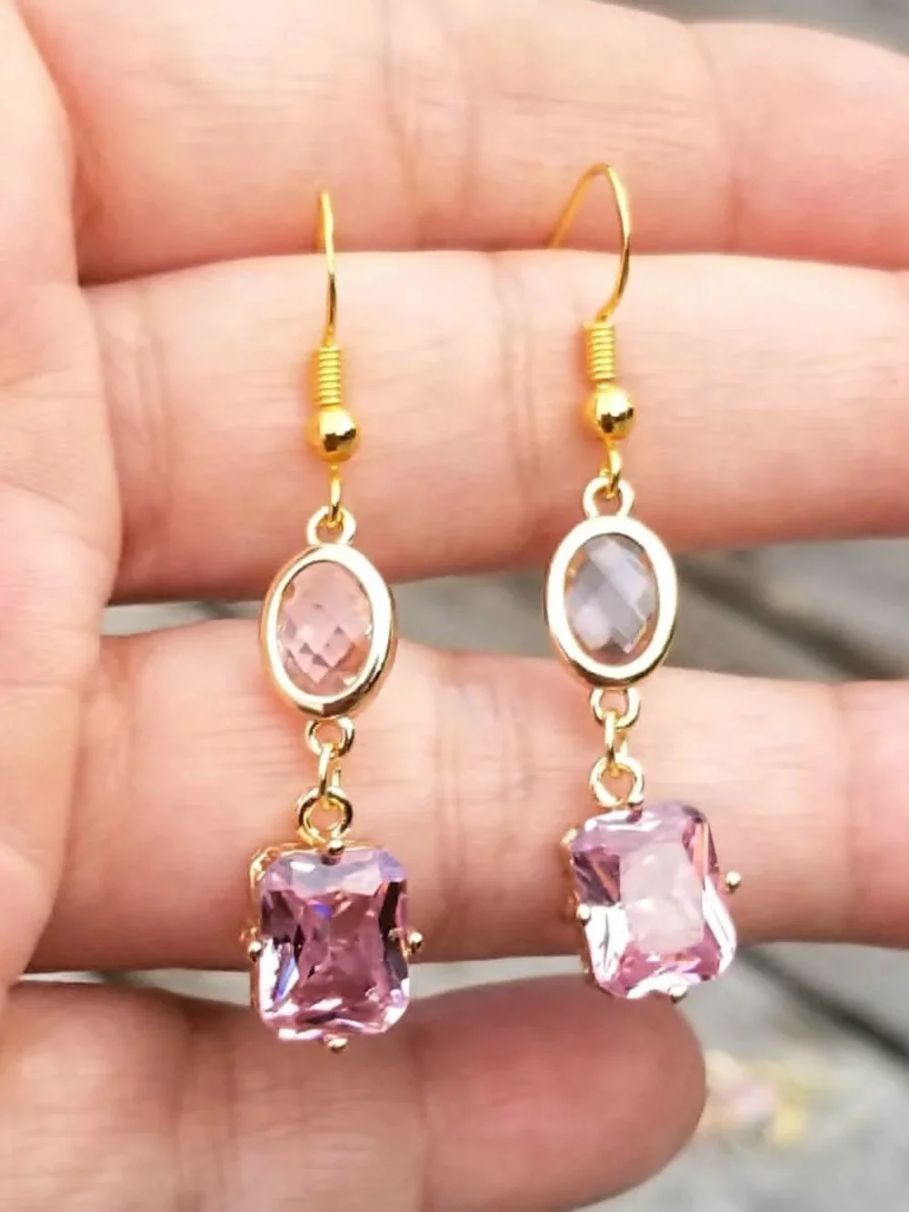 14k Gold Pink Tourmaline Dangle Earrings, Tourmaline Double Drop Earrings